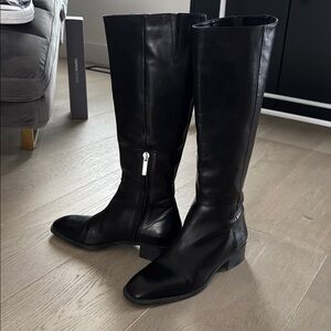 Zara Black Leather Knee-High Boots with Side Zip Detail